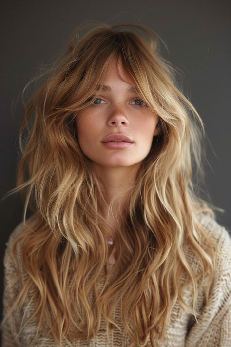 Soft, subtle waves with a middle part in honey blonde for a classic, effortless style, embodying timeless beauty with a simple, natural look. Auburn Hair, Blonde Hair, New Hair, Strawberry Blonde, Long Hair Styles, Balayage, Warm Blonde Hair, Blonde Hair With Bangs, Honey Blonde Hair