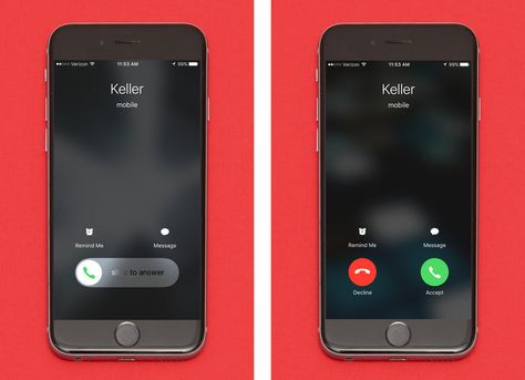 The two different ways you can pick up a call You may have noticed your screen looks two different ways when you're receiving an incoming call. This isn't random; when your phone is unlocked, you can tap the green "accept" or red "decline" button, but if your phone is locked, the geniuses at Apple make you slide right to answer -- that way, you don't accidentally pick up when your phone's in your pocket. Ideas, Iphone, Ux Design, Design, Ui Ux Design, Call Lock, Unlock Screen, Incoming Call, Unlock