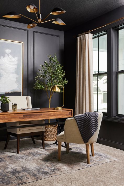 Black at home office, wood desk, dry bar in office, modern office lighting, black ceiling, black trim, office furniture, MadMen inspired office, Masculine Office. Interior, Inspiration, Home Office, Decoration, Home Décor, Design, Home Office Decor, Office Curtains, Home Office Dark