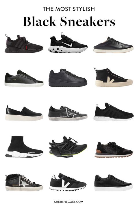 Black Sneakers Summer, Black Shoes Sneakers, Black Sneakers, Black Leather Sneakers, Black Nike Shoes, Black Leather Sneakers Women, All Black Sneakers, Black Sneakers Outfit, Black Athletic Shoes