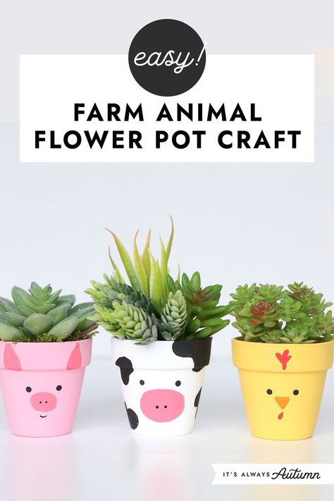 Kids will love painting these cute animal flower pots! Spring Crafts, Easter Crafts, Farm Animal Crafts, Flower Pot Crafts, Farm Crafts, Spring Animals, Clay Pot Crafts, Spring Crafts For Kids, Diy Flower Pots