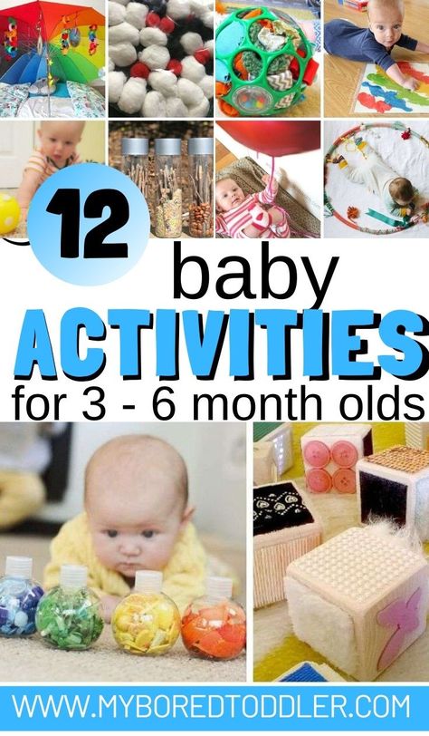 12 baby activities for 3 - 6 month olds - fun activity ideas to do at home with a baby aged 3 months, 4 months, 5 months or 6 months - easy baby play ideas and activiies for babies under 6 months old #myboredtoddler #babyplay #babytips #babyactivity #babyactivities Montessori, 5 Month Old Baby Activities, Diy Baby Toys 6 Months, Baby Sensory Play, 6 Month Baby Activities, Diy Toys For 6 Month Old, 3 Month Old Activities, Baby Development Activities, Diy Toys For 5 Month Old