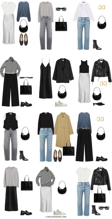 A white background with 12 outfits from the 90s Minimalist Fall Capsule Wardrobe. Outfits, Fashion, Outfit, Model, Minimal Fashion, Minimalist Outfit, Styl, Giyim, Moda