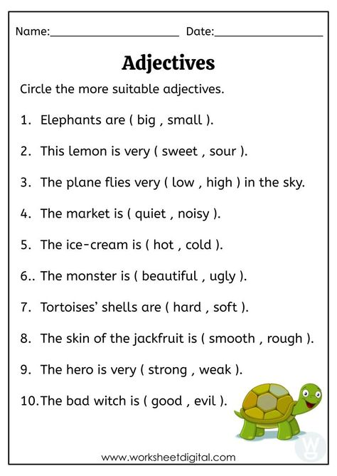 Pre K, Worksheets, English Adjectives, English Vocabulary Words Learning, English Grammar For Kids, Adjectives Grammar, Nouns Worksheet, Adjectives Exercises, English Vocabulary Words