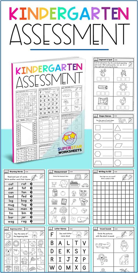 Print this free kindergarten assessment pack to use as end of the year testing for your kindergarten students. This is a great way to see where your students are at, and find any areas for development. Montessori, Pre K, Literacy Assessment, Kindergarten Assessment Test, Kindergarten Language, Kindergarten Math Free, Kindergarten Assessment, Reading Assessment Kindergarten, Preschool Assessment
