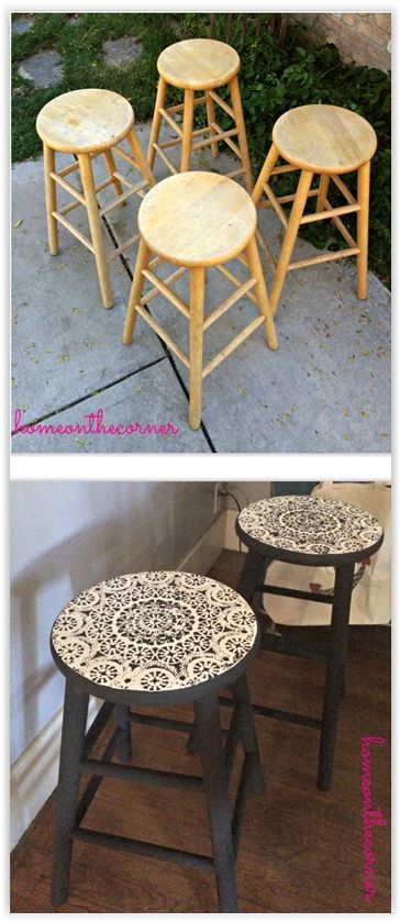 DIY idea for upgrading simple wooden stools. Repurposed Furniture, Upcycled Furniture, Painted Furniture, Furniture Makeover, Home Décor, Paint Furniture, Painted Chairs, Furniture Makeover Diy, Redo Furniture
