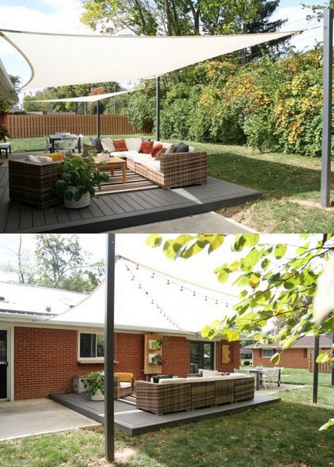 12 creative & attractive shade structures & patio cover ideas such as DIY friendly fabric canopy, shade sails, simple pergolas, vines for sun shades, etc! – A Piece of Rainbow #backyard #gardens #landscape #gardendesign #landscaping #gardenideas #pergola #shadesails #diy #summer #spring #porch #patiodesigns #patio #deck #curbappeal #homeimprovement home improvement, garden design, landscaping, patio decor Porches, Back Yard Shade Ideas, Shade Sails Patio, Backyard Shade, Patio Shade Structures, Deck Sun Shade, Backyard Patio Deck, Patio Canopy, Patio Sails