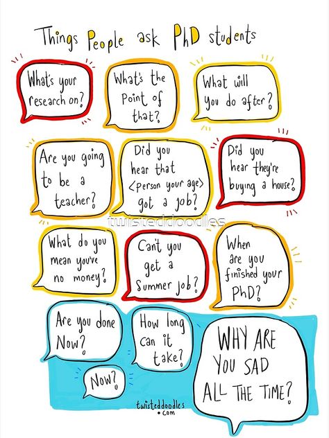 "Things people say to PhD students" Poster by twisteddoodles | Redbubble Humour, Inspiration, Promotion, Student Humor, Phd Student, Student Life, Grad School Problems, Phd Humor, Dissertation Motivation