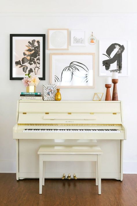 gorgeous cream piano with gallery wall above Piano Room Decor, Piano Room, Ivory Piano, Living Room Decor, Living Room Decor Apartment, Living Room Decor Modern, White Piano, Room Decor, Piano Decor
