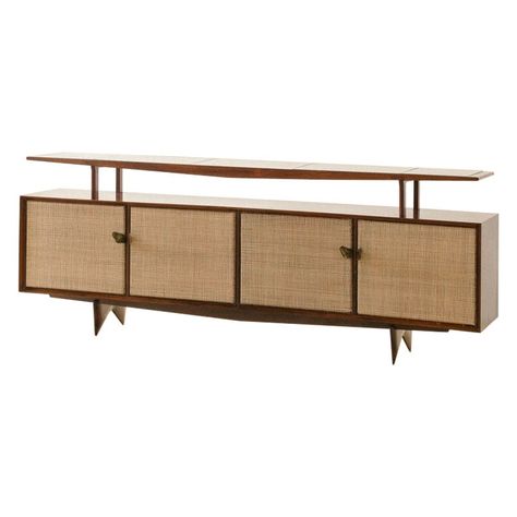 Martin Eisler (1913-1977) designed this exceptional credenza in the 1950s. Made of stunning rosewood with doors covered in natural cane, there are so many unique details that it is hard to choose what to highlight: the graceful diagonals present in the second level, the pointy feet, the organic-shaped brass pullers. This distinctive design integrates Brazil's highly designed and well-executed wood pieces produced by Forma S.A. Móveis e Objetos de Arte. Companies Móveis Artesanal and its successo Decoration, Retro, 1950s, Cane Sideboard, Danish Rosewood Sideboard, Teak Credenza, Mid Century Sideboard, Credenza Sideboard, Mid Century Modern Sideboard