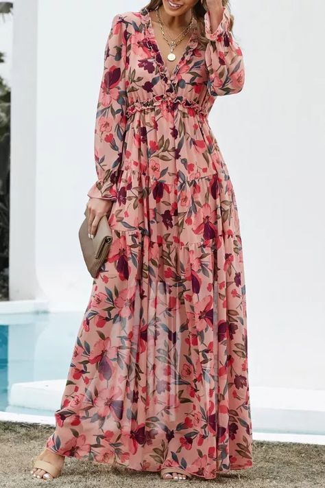 $12.9 Wild Lotus Ruffle Tiered Maxi Dress, Floral Dresses Wholesale Dresses, Fashion, Floral, Robe, Maxi, Dress, Jumpsuit, Sleeves, Flounce