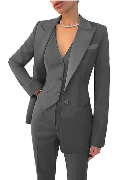 PRICES MAY VARY. 100% Polyester Imported Zipper closure Material:75%Polyester,25%Polyester Suit Set Details:a coat and a pants Vest.Slimming fit for the women.To ensure the size you choose is suitable for you,After you place the order,Please tell us your measurement(Waist Bust,Hip,Heightand weight) Feature:Single Breasted,Two Pocket,Peak Lapel,Slim fit for Women Party Wedding PantSuit,1 Buttons.Inclding Pants Jacket and Vest SUITABLE:For Party, work, holiday, dating, home, etc.Suitable for all o Fashion, Suits, Outfits, Style, Outfit, Women, Moda, Giyim, Costume