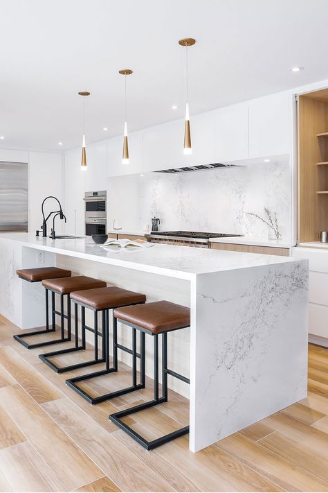 Modern White Kitchen With Marble Look Timeless Quartz Countertop Modern Kitchen Countertops, Kitchen With Marble Countertops, White Kitchen Island, Modern Countertops, White Marble Kitchen Island, Marble Kitchen Countertops, Marble Kitchen Island, White Marble Kitchen Modern, Kitchen Island Quartz