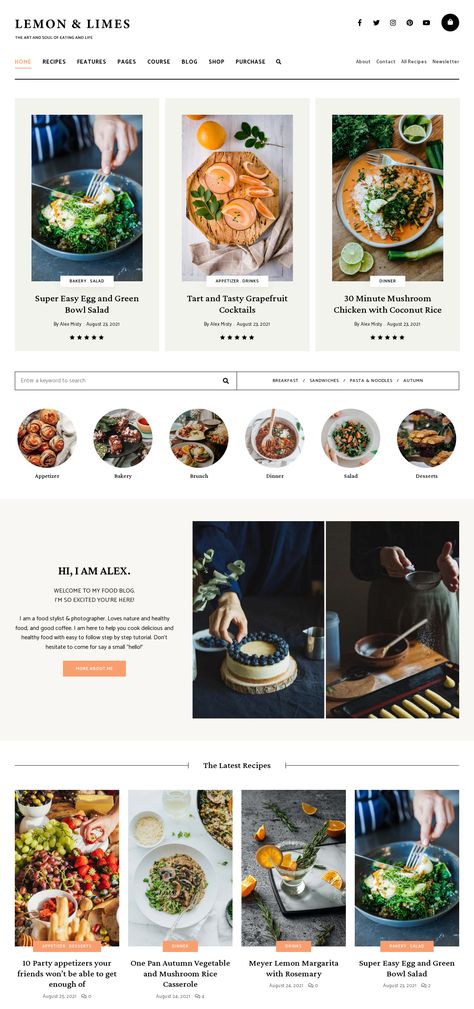 Give your personal food blog a more professional look with the Lemon & Limes WordPress theme template. You can easily install this theme and selecting from various demos, such as the one showcased in the image, and you're good to go! Enhance the clarity of your cooking instructions for readers with the user-friendly Recipe Plugin for Food Bloggers that comes included. For those who prefer to use the Elementor plugin, rest assured that this WordPress food blog theme design provides full support. Wordpress, Web Design, Design, Food Website Layout, Food Website Design Inspiration, Freelance Designer Website, Food Blog Wordpress Theme, Magazine Website Design, Food Blog Design
