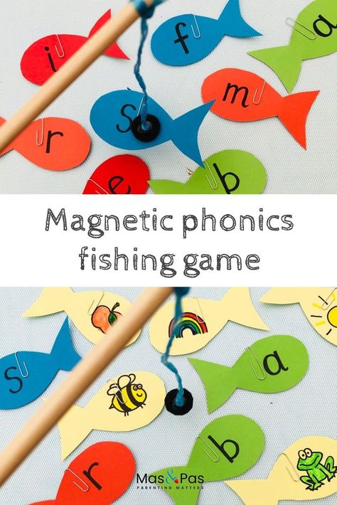 Learning phonics is so much fun with this magnetic fishing game. It’s quick and easy to make and a great way of learning through play. Can your child fish for letters and then tell you what sounds they make? Can they fish for a picture has the same initial sound? So much fun they’ll be phonic fishing all summer #phonicsgame #phonicsactivity #learningletters #earlylearning #learninggameforkids Jolly Phonics Activities, Learning Phonics, Phonics Lessons, Alphabet Activities Preschool, Kindergarten Learning, Preschool Learning Activities, Learning Letters, Fun Learning, Preschool Activities