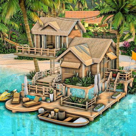 Sulani Hut 🛖 The Sims 4 Build || Gallery: axiisims #thesims4 #sims4 #thesims #thesims4 #house #summer #beach Sims 4 Island Living House, Sims 4 Beach House, Desert Luxe, Beach House Layout, Snowy Escape, Sims Challenge, Cc Packs, The Sims 4 Lots, Beach House Plan