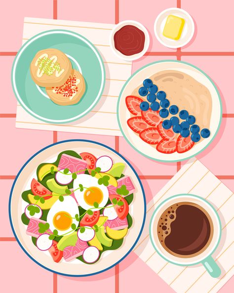 Illustrators, Brunch, Pink, Kunst, School, Food Drawing, Food Backgrounds, To Create, Illustration Food