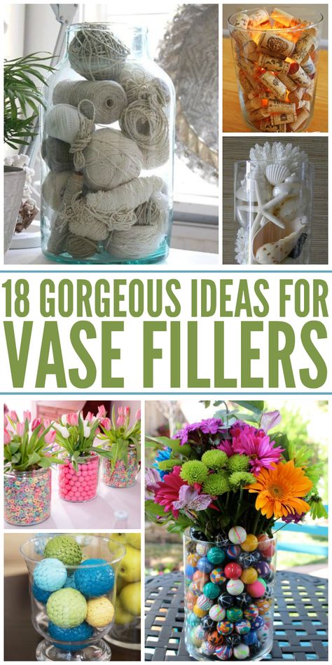 These vase fillers are AMAZING! Something for every style or event. - One Crazy House Diy, Crafts, Decoration, Diy Vases Ideas Decoration, Glass Jar Filler Ideas, Glass Jar Decorating Ideas, Vase Fillers Diy, Vase Filler Ideas, Jar Filler Ideas
