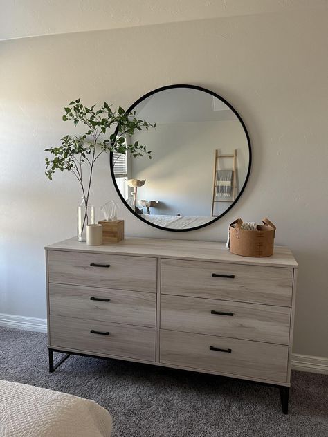 Love this dresser! It matches my west elm end tables nicely. For the price, you can’t beat it! West Elm, Master Bedroom Dresser Decor With Tv, Living Room Dresser, Dresser Decor Bedroom Modern, Bedroom Dresser Decor With Mirror, Living Room Tables, Modern Bedroom Design Minimalist, Simple Dresser Decor, Cute Dresser Decor