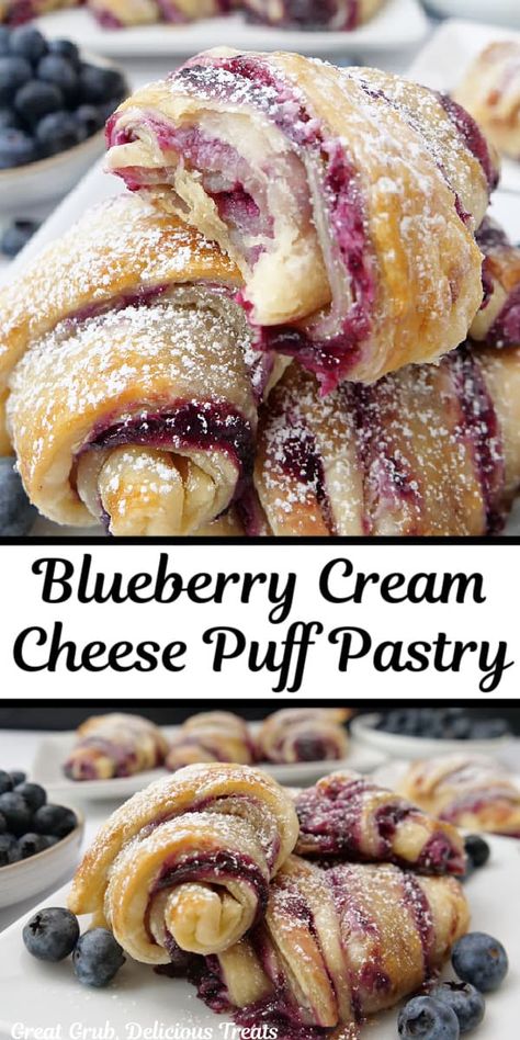 Blueberry Cream Cheese Puff Pastry is filled with a blueberry filling, a cream cheese mixture, baked to golden perfection, and dusted with powdered sugar. Desserts, Mini Desserts, Cake, Foodies, Brunch, Dessert, Pasta, Tart, Pie