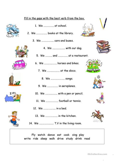 Students complete the sentences with the most appropriate verb. Vocabulary: Actions Worksheets, English Grammar For Kids, Verbs For Kids, Verb Worksheets, English Lessons For Kids, Grammar For Kids, English Grammar Worksheets, Grammar Worksheets, English Vocabulary Words