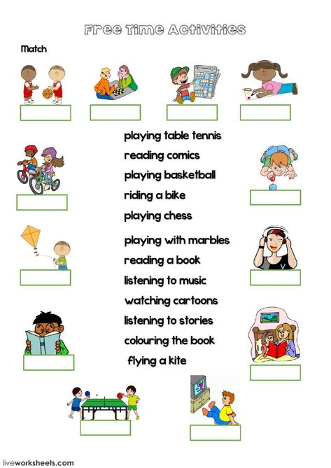 Free Time activities interactive and downloadable worksheet. You can do the exercises online or download the worksheet as pdf. Worksheets, Worksheets For Kids, English Games For Kids, Free Time Activities, English Worksheets For Kids, Time Activities, English Activities, Activities, Teaching English