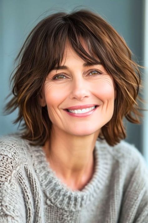 33 Elegant Short Hairstyles for Women Over 60 - The Hairstyle Edit Shorter Layered Haircuts, Medium Length Hair Styles, Medium Hair Styles, Fringe Bob Haircut, Thick Hair Styles, Bob With Fringe, Shag Bob Haircut, Tousled Bob, Layered Bangs Hairstyles