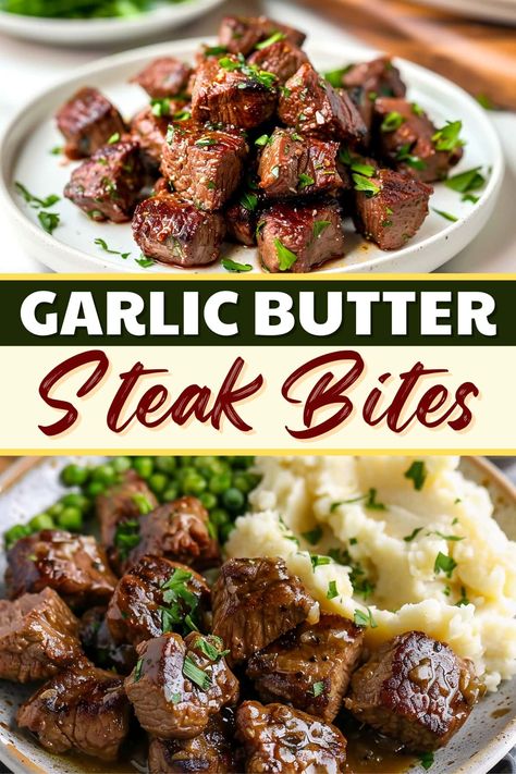These garlic butter steak bites are quick, easy, and fabulous! Tender sirloin is cooked to perfection then drizzled with freshly made garlic butter. Foodies, Steak Recipes, Garlic Butter Steak, Steak Bits, Steak Butter, Steak Bites, Easy Steak Recipes, Sirloin Steak Recipes, Steak Dinners