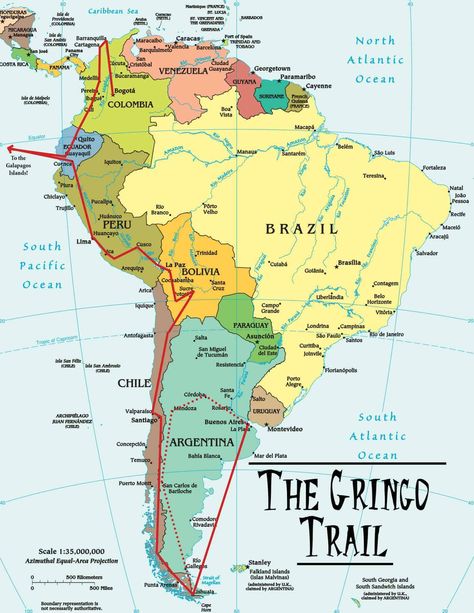 Map of The Gringo Trail, The Most Famous South America Backpacking Route Caracas, Sedona Arizona, Trinidad, South America Destinations, Backpacking Europe, Backpacking, South America Travel Route, South America Travel Itinerary, South America Travel
