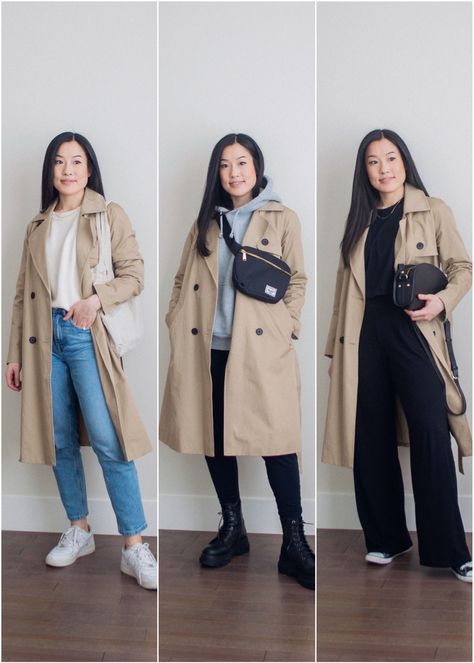 Her Simple Sole - 3 Casual Ways to Wear a Trench Coat Casual, Oversized Trench Coat Outfits, Trench Coat Outfit Spring, Long Trench Coat Outfit, Casual Trench Coat Outfit, Casual Trench Coat, Trench Coat Outfit Fall, Trench Jacket Outfit, Spring Coat Outfit