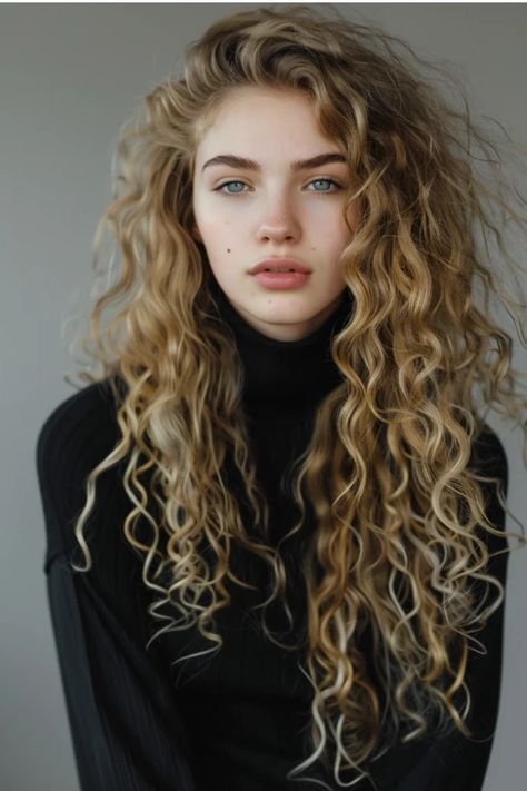 Young woman with wavy blonde hair and striking blue eyes wearing a black turtleneck. Fresh, Texture, Ideas, Art, Face Framing, Face Framing Layers, Long Layered Curly Hair Face Framing, Curl Types, Types Of Curls