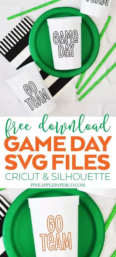 Free Football SVG Files with TWO Designs included: Game Day and Go Team for Football Crafts, shirts, cups, and more! Designed by Pineapple Paper Co. #freecutfiles #gameday #football #tailgate #foodballparty #freesvgs #svgfiles #freeSVG #svgdesigns #goteam #cricut #silhouettecameo #silhouette #plasticcups #personalizedcups #diyplasticcups American Football, Game Day Shirts, Football Crafts, Svg Free Files, Personalized Cups, Free Svg, Svg Cutting Files, Cricut Vinyl, Svg Cuts