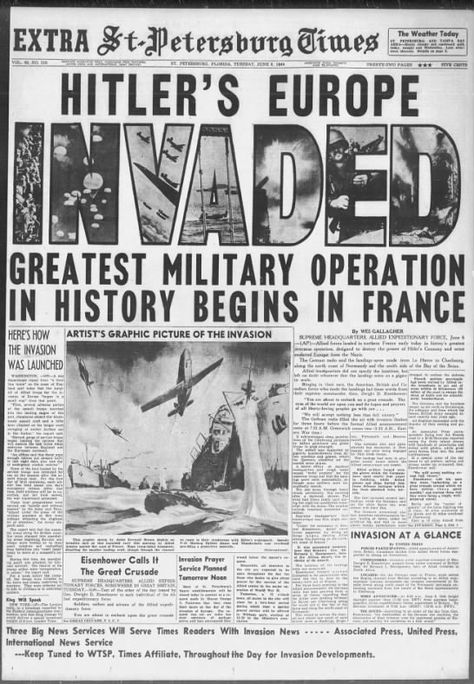 Headlines from a United States newspaper about the Normandy Landings on D-Day, 1944 - Newspapers.com Posters, Ww2, Collage, Design, Ww2 History, Normandy Ww2, World War Ii, Military Operations, English Newspapers