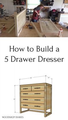 Build a modern bedroom set with these plans for the 5 drawer dresser. Plans also available for the matching bed and nightstands. Video and printable plans help you build this DIY furniture project with ease. Furniture Makeover, Diy Dresser Plans, Diy Dresser Build, Dresser Drawers, Diy Furniture Bedroom, Dresser Plans, Diy Furniture Plans, Diy Furniture Plans Wood Projects, Furniture Makeover Diy