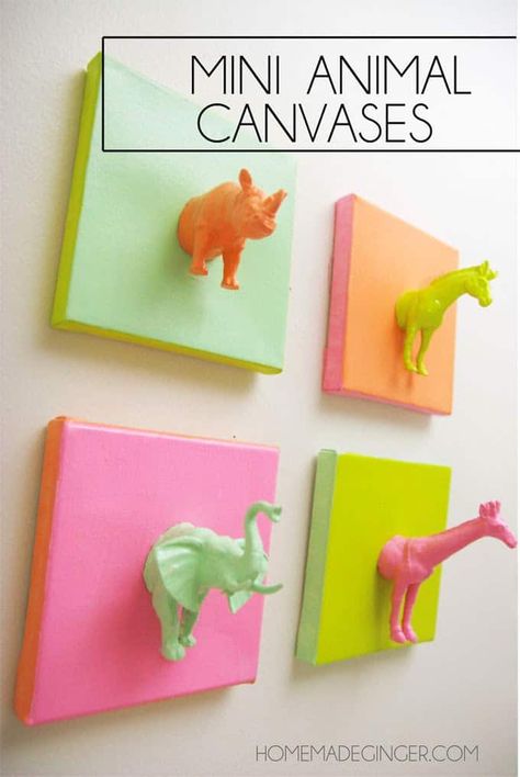 This cute DIY canvas art made with plastic animals and paint is such a fun and easy idea! It's perfect for a nursery, kids' room, or craft studio. Diy Crafts, Diy, Diy Wall Art, Diy Artwork, Diy Projects, Kids Crafts, Diy Wand, Crafts For Teens, Diy And Crafts