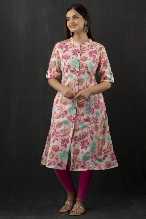 *Sponsored by Shree International* *Jaipuri kurta* *Type :- Women Floral printed A-Line calf length kurta, Both side Pocket, has a banded neck, three-quarter sleeves, straight hem, side slits Material - Cotton Size - M , L , XL , XXL