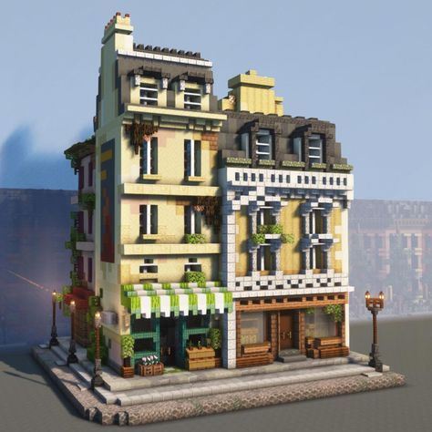 Blaze on Instagram: “Today’s post is a Paris street corner. . It features 4 buildings, a lamppost, awnings, chimneys, a flower stand, 2 posters, ivy, dormers…” Urban, Ideas, Modern, Cute Minecraft Houses, Minecraft Modern, Minecraft Cottage, Haus, Idées Minecraft, Minecraft House Designs
