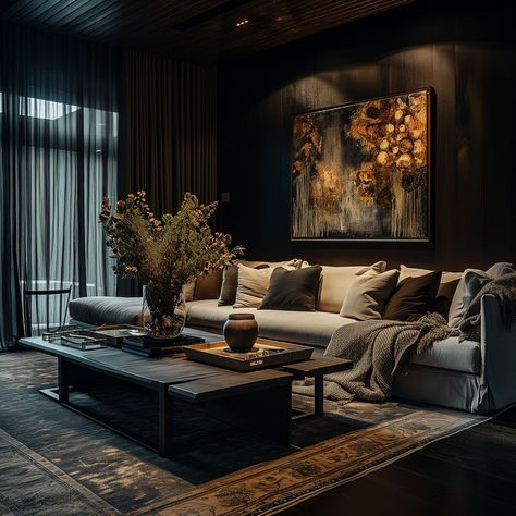 Elegant dark living room in a real estate setting, showcasing eye-level architectural details and high-end black-colored furnishings. Architecture, Inspiration, Dark Modern Living Room, Dark Living Rooms, Dark Contemporary Living Room, Dark Living Room Decor, Dark Living Room Ideas, Dark Walls Living Room, Black Living Rooms
