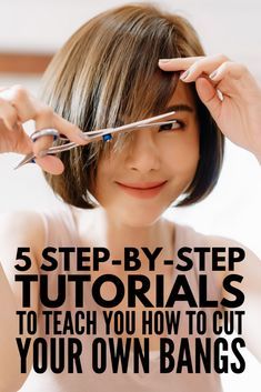 How To Cut Bangs, How To Cut Your Own Hair, Cut Own Hair, Hair Cutting Techniques, Styling Bangs Tutorial, Cut Bangs, Medium Bob With Side Bangs, Hair Lengths, Medium Hair Styles