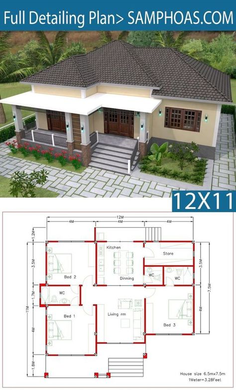 Interior Design Plan 12x11m With Full Plan 3Beds House Plans, Three Bedroom House Plan, Small House Design Plans, House Layout Plans, Affordable House Plans, Simple House Plans, Family House Plans, Model House Plan, Home Design Plan