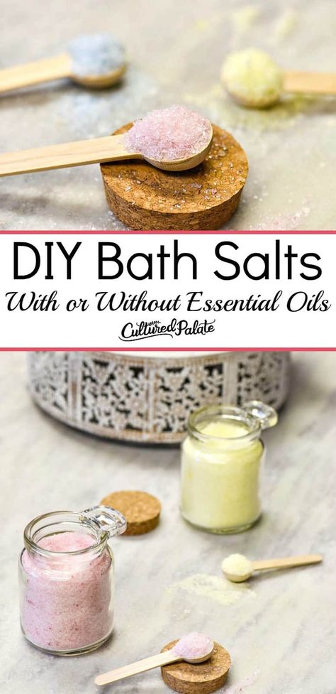 Learn how to make bath salts using this DIY bath salts recipe. Make homemade bath salts with essentials or DIY bath salts without essential oils. #myculturedpalate.com #bath salts #DIYbeauty #DIYspa #howtomakebathsalts