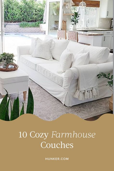 Boasting pleated skirts, tufted backs, rolled arms, and soft colors, farmhouse sofas are the perfect example of this juxtaposition between comfy and chic. Keep reading for the top 10 sofas that are just as cozy as they are elevated. #hunkerhome #cozysofaideas #farmhousesofa #farmhousecouchideas Modern Farmhouse, Reading, Cottage Style Couches, Farmhouse Sofas, Cottage Couches, Cottage Style Sofa, Country Couches, Shabby Chic Couch, French Country Sofa