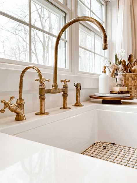 Our Unlacquered Brass Kitchen Faucets - Deb and Danelle Home Décor, Home, Design, Unlacquered Brass Kitchen Faucet, Unlacquered Brass Faucet, Brass Kitchen Faucet, Antique Brass Kitchen, Sink Faucets, Brass Kitchen