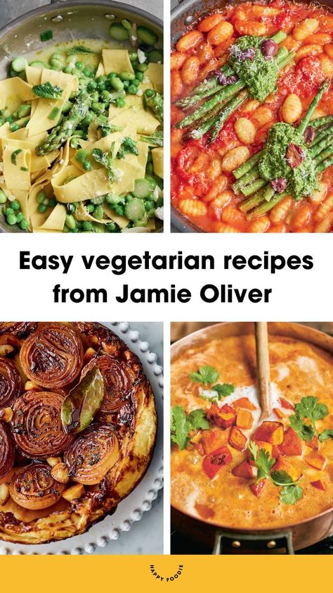 A collection of images of Jamie Oliver's vegetarian recipes, including a spring greens vegetable pasta, tomato gnocchi, onion tart and butternut soup. Meals, Jamie Oliver, Recipes, Vegetarian, Go Veggie, Easy Veggie, Rezepte, Easy Meals, Veggies