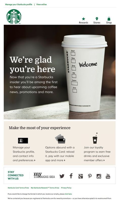Welcome Email - Starbucks Email Newsletter Design, Instagram, Promotion, Email Advertising, Email Campaign Templates, Email Campaign, Mail Marketing, Newsletter Templates, Email Marketing Campaign