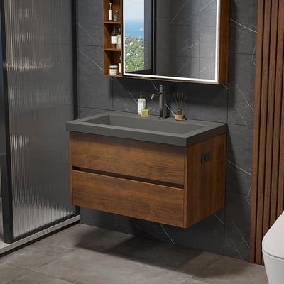 31" Wall Mounted Bathroom Vanity Concrete Single Sink with Charging Station in Walnut | Homary Diy, Decoration, Design, Bathroom Sink Units, Bathroom Sink Cabinets, Sink Vanity Unit, Modern Bathroom Sinks And Vanities, Small Sinks For Small Bathrooms, Floating Vanity Powder Room