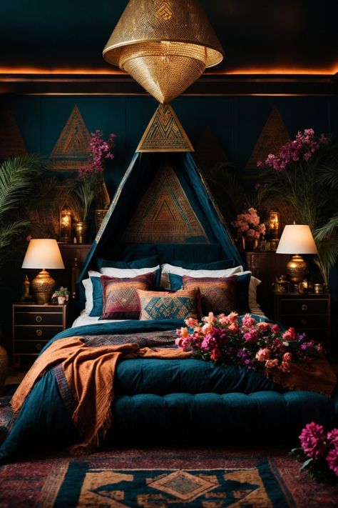 Step into a realm of tranquil opulence with this mesmerizing Egyptian-themed bedroom retreat. The enigmatic jewel-toned blue walls, accentuated by golden triangular patterns reminiscent of the Pyramids, conjure a sense of historical mystique. AThe room is further enchanted by an array of lush indoor plants, exuding an organic vibrancy. Awe-inspiring golden hanging lamps cascade light, reminiscent of a starlit Nile night. Home Décor, Egyptian Bedroom, Egyptian Home Decor, Sanctuary Bedroom, Moody Bedroom Jewel Tones, Room Themes, Dreamy Bedrooms, Arabian Nights Bedroom, Hanging Lamps