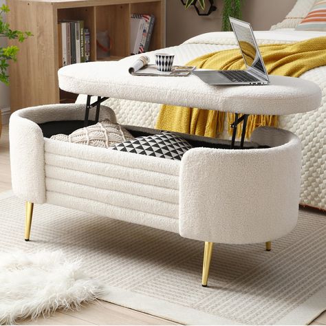 PRICES MAY VARY. Lift Top Design - This end of bed bench is fashionable and simple, practical and convenient. When you sit on the bed, you can lift the top of the stool and easily get to the top item. In addition, there is a storage space in the bed end stool, which can reduce clutter and meet various needs. Large Storage Space - This storage ottoman bench has a large storage place itself, with a 27.6 × 14.2 × 8.3 "(L × W × H) internal space for storage, giving you sufficient space to place your Padded Storage Bench, Storage Bench Bedroom, Storage Ottoman Bench, Upholstered Storage Bench, Bench With Storage, Bed Stool, Bed Bench, Upholstered Ottoman, Modern Storage Bench
