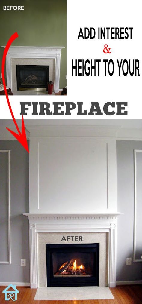 Easy way to add interest and height to your fireplace Home Décor, Fireplace Update, Fireplace Redo, Fireplace Remodel, Fireplace Makeover, Fireplace Surrounds, Fireplace Mantle, Faux Fireplace, Fireplace Mantels