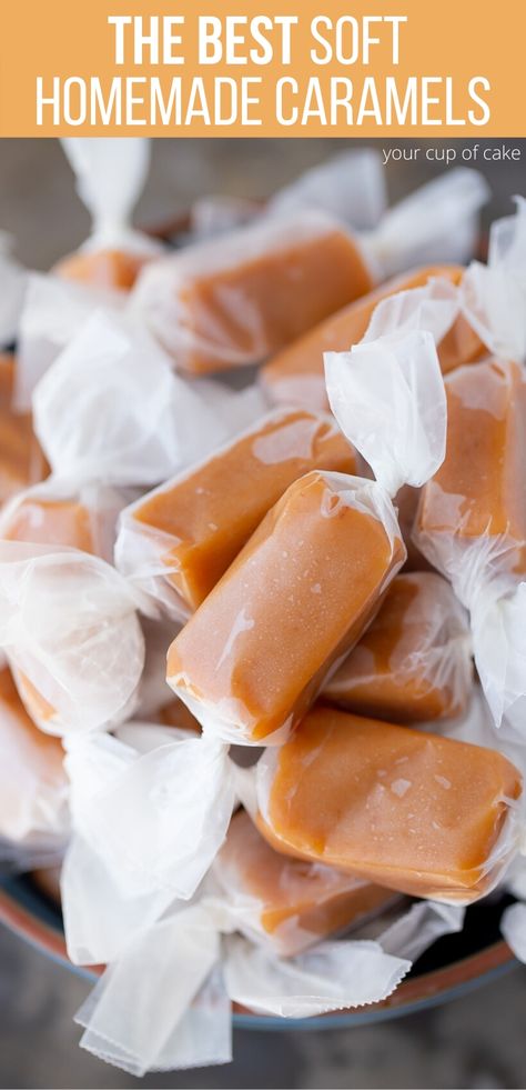 My FAVORITE treat to bring to neighbors every year. These caramels are so soft and buttery! Easy to make too! Fudge, Dessert, Snacks, Carmel Recipe, Homemade Caramel, Soft Caramels Recipe, Homemade Caramel Recipes, Homemade Caramel Candy, Caramel Candy